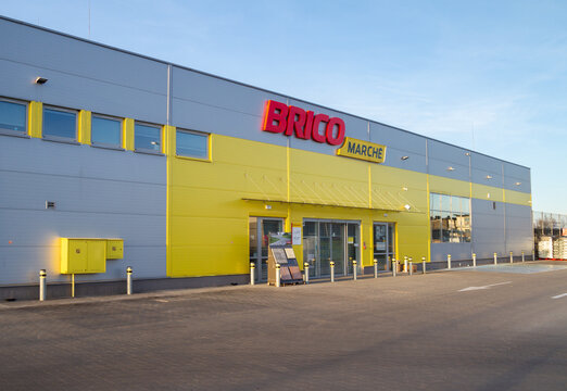 Bricomarch&eacute; DIY shop entrance, large signboard with brand logo sign. French retail company, home improvement retailer store from Les Mousquetaires Group on March 27, 2022 in Krzeszowice, Poland.