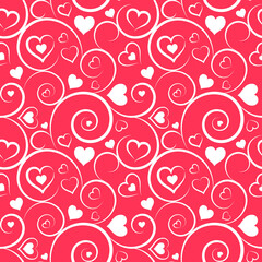 Love seamless pattern. White hearts and swirls on pink background