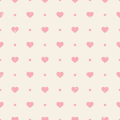 Retro grunge seamless pattern. Pink hearts and dots on beige background