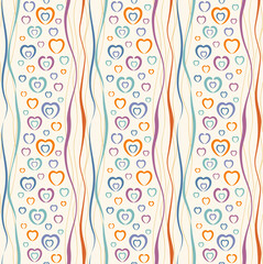 Retro seamless pattern. Color hearts and wavy lines on light background