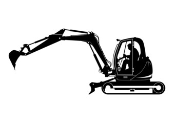 Silhouette of compact excavator with driver. Tracked mini excavator. Side view. Vector. - obrazy, fototapety, plakaty