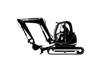 Silhouette of compact excavator with driver. Tracked mini excavator. Side view. Vector.