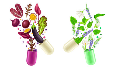 Vitamins and supplements. Open capsules with fruit, vegetables and herbs splash vector illustration