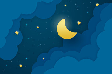 Obraz na płótnie Canvas night sky with stars and moon. paper art style. Dreamy background with moon stars and clouds, abstract fantasy background. Half moon, stars and clouds on the dark night sky background.