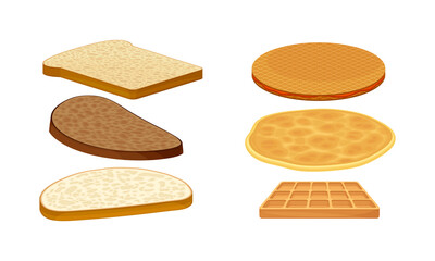Ingredients for sandwich cooking. Bread slices, pita, waffle vector illustration