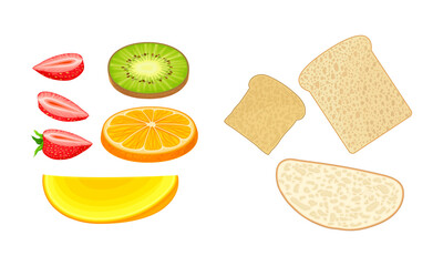Food ingredients set. Exotic fruit, berries and bread slices vector illustration