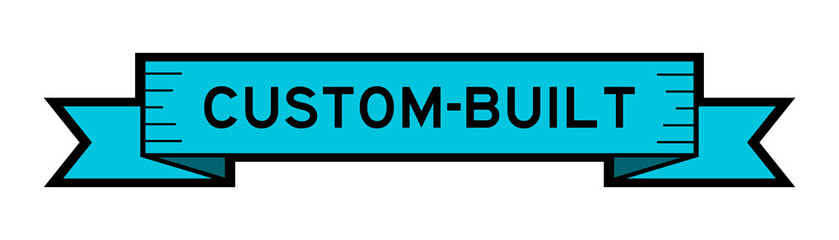 Ribbon label banner with word custom-built in blue color on white background