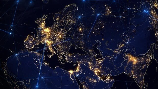 Beautiful view of Earth with city lights. View from Space Satellite. European Cities at Night. Technology Concept. 