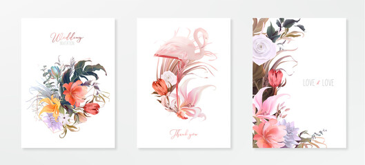 Fototapeta na wymiar Tropical flamingo art, Wedding invitation frame set; flowers, leaves, watercolor. Sketched wreath, floral and herbs garland with green, palm leaves. Handdrawn Vector Watercolour style, nature art.
