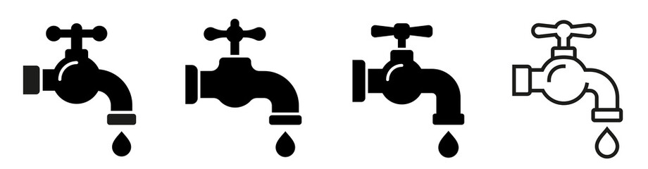 Faucet icons set. Water tap collection. Bathroom faucet symbol flat and line style - stock vector. - obrazy, fototapety, plakaty