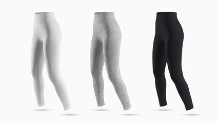 White, black and heather mockups of women's high waist sports leggings. - obrazy, fototapety, plakaty