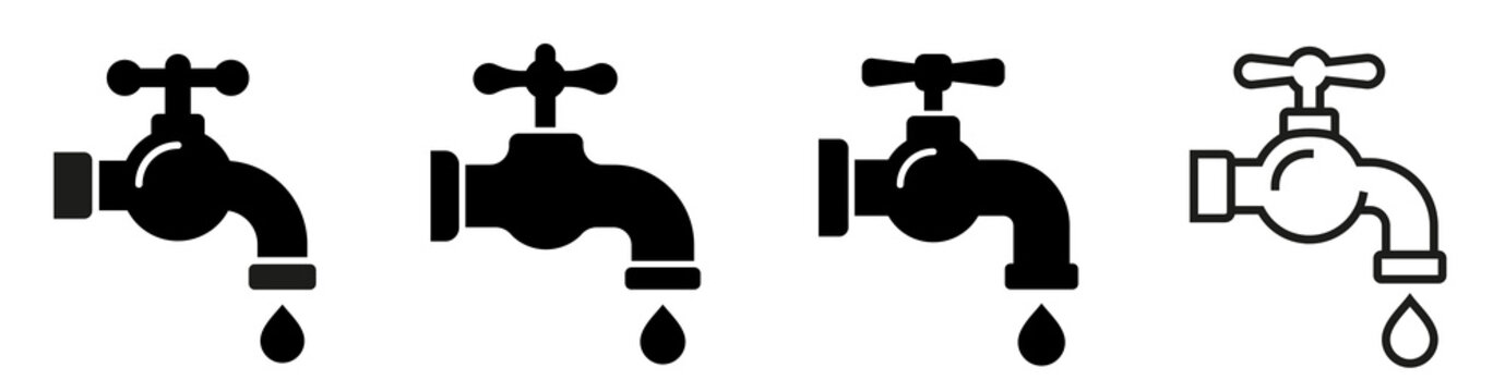 Faucet icons set. Water tap collection. Bathroom faucet symbol flat and line style - stock vector.