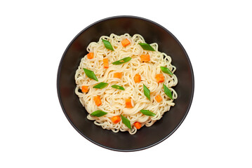 Noodles instant cooked with vegetables carrot and green onion dark bowl, top view isolated on white background with clipping path.