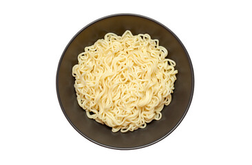 Noodles instant, cooked, in dark deep bowl, top view, isolated on white background with clipping path.