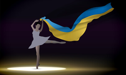 Silhouette of a ballerina on dark background. Ballet dancing ballerina woman holding Ukrainian flag on stage background. Patriotism and Solidarity with Ukraine. Illustration