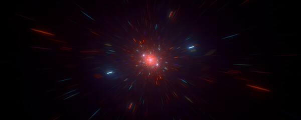 Fototapeta premium Cinematic light speed warp effect, cosmic starburst motion blur in deep space, futuristic galaxy travel background with red and blue glowing particles