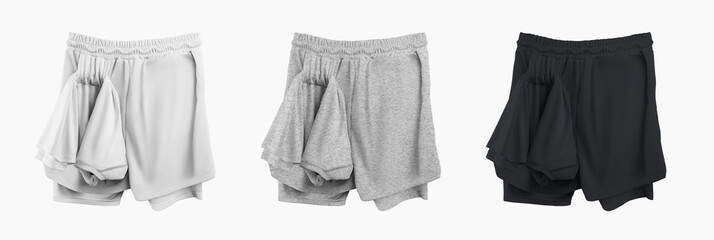 Mockups of men's sports shorts with compression fittings and a loop for a T-shirt or towel.