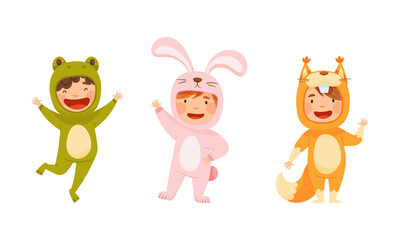 Happy kids animal in costumes set. Adorable children wearing as frog, bunny and squirrel cartoon vector illustration