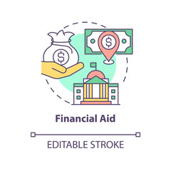 Financial aid concept icon. Government assistance type abstract idea thin line illustration. Humanitarian financing. Isolated outline drawing. Editable stroke. Arial, Myriad Pro-Bold fonts used