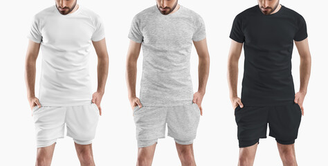 Mockup of a T-shirt and sports shorts with compression undershorts.
