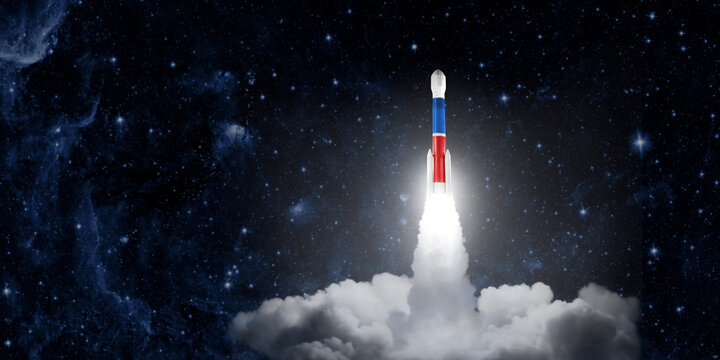 Russia launches rocket into Ukraine the background of the starry sky