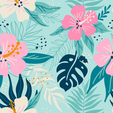 Seamless pattern with hibiscus flowers