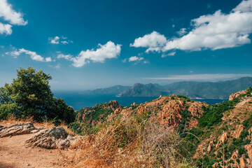 Red rocks of Spelunca nature reserve in Golfe de Porto, Corsica, France