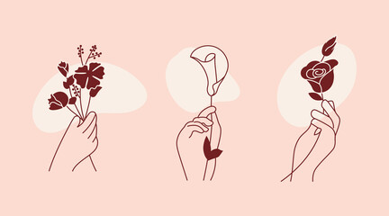 Fototapeta premium Hands with flower in trendy outline minimal style