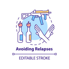 Avoiding relapses concept icon. Post conflict stabilization abstract idea thin line illustration. Ban on weapons. Isolated outline drawing. Editable stroke. Arial, Myriad Pro-Bold fonts used