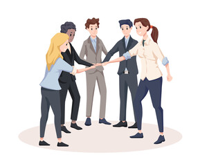 Vector illustration team of business people. Concept of unity, partnership and togetherness various people give high five with joy in cartoon style.