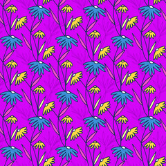 Fototapeta premium Neon Colored Floral Stripes Vector Seamless Pattern