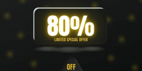 80% off limited special offer. Banner with eighty percent discount on a black background with white square and black