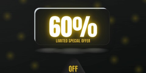 Fototapeta premium 60% off limited special offer. Banner with sixty percent discount on a black background with white square and black
