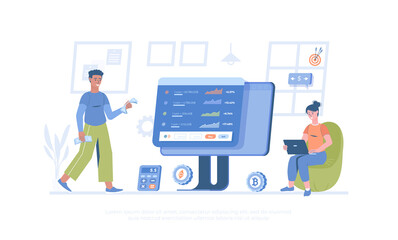 Cryptocurrency marketplace. Cyber banking, coin trading and transactions. Digital currency, blockchain. Cartoon modern flat vector illustration for banner, website design, landing page.