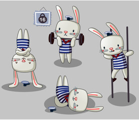 set of cute rabbits doing sports