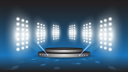 Abstract blue product showcase background stadium stage hall with scenic lights of round futuristic technology user interface Blue vector lighting empty stage spotlight background.