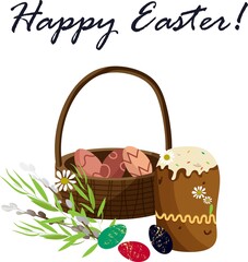 Happy Easter. Traditional sweet bake, easter cake and basket with egg. Vector flat cartoon illustration. Perfect for poster, print, card, invitation, greeting, tag