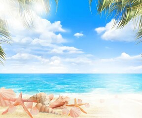 Fototapeta na wymiar 夏の太陽のと青い空の下砂浜の波打ち際にヒトデや貝殻とヤシの木と海のゆらめく波の美しいピンボケ背景素材 