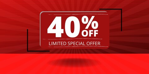 40% off limited special offer. Banner with forty percent discount on a red background with white square and red