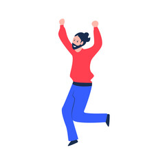 Fototapeta na wymiar Vector Happy Cheerful Man in Red Shirt Isolated on White Background, Team Member Colorful Illustration, Celebration Dance and Success Concept.