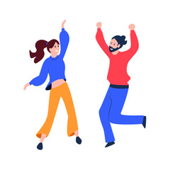 Vector Happy Cheerful Man and Woman Couple Isolated on White Background, Team Member Colorful Illustration, Celebration Dance and Success Concept.