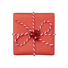 Christmas present box wrapped in red paper with baker&rsquo;s twine bow isolated on white background