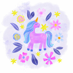 Fototapeta na wymiar Cute bright unicorn with flowers leaves stars on a pink watercolor background. Perfect for t-shirt designs invitations posters postcards and prints for mugs pillows t-shirts.