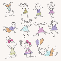 set of cute childrens drawn with outline
