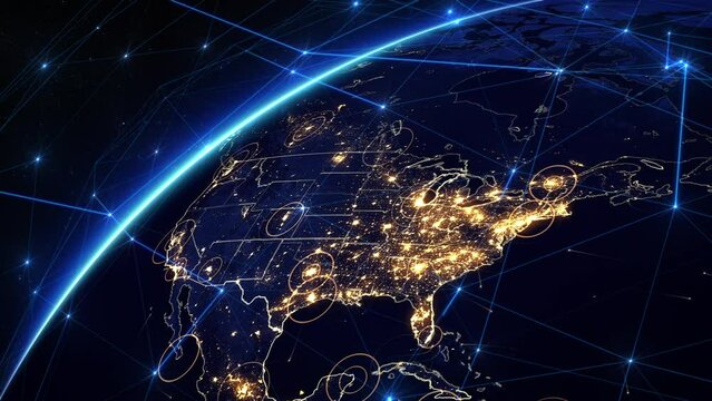 Futuristic Global Network  Over Earth. City Lights Over North America, Satellite Sending Signals.