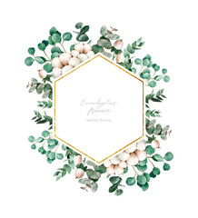 Watercolor floral card with eucalyptus leaves and cotton. Greenery frame. Rustic style. For wedding invitations, birthday, party, save the date, fashion, background. Botanical hand painted watercolor