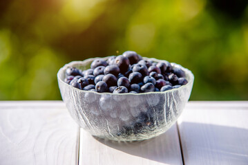 A plate of blueberries stands on a green natural background

