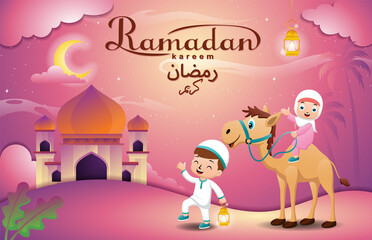 Little boy carrying lantern with little girl riding on camel going to mosque at Ramadan night
