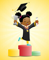 Cartoon of African little girl in graduation costume holding diploma and trophy on podium