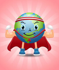 Earth globe superhero cartoon character showing muscle arms
